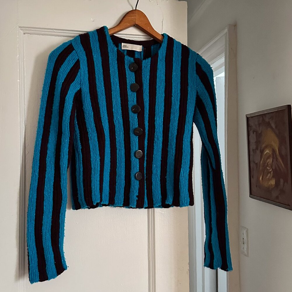Tory Burch Shrunken Rib Cardigan In Blackberry/calypso Blue